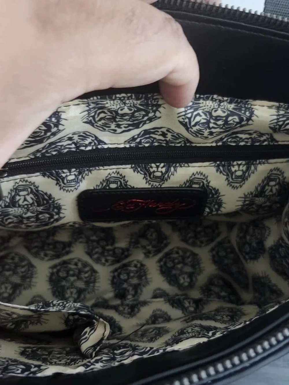 Ed Hardy Pink and Black Floral Skull Satchel with Stud Embellishments